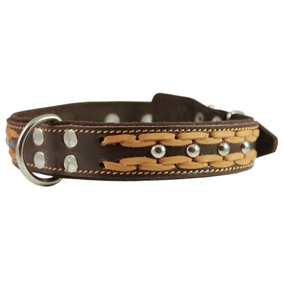 High Quality Genuine Leather Braided Studded Dog Collar, Brown 1.5" Wide. Fits 17"-22" Neck.