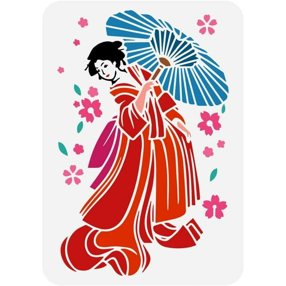 1pc Geisha Umbrella Stencil for Painting 8.3x11.7inch Plastic PET Cherry Blossoms Painting Stencil Hollowed Umbrella Woman Drawing Template Human Theme Stencil for Wall Floor Decoration