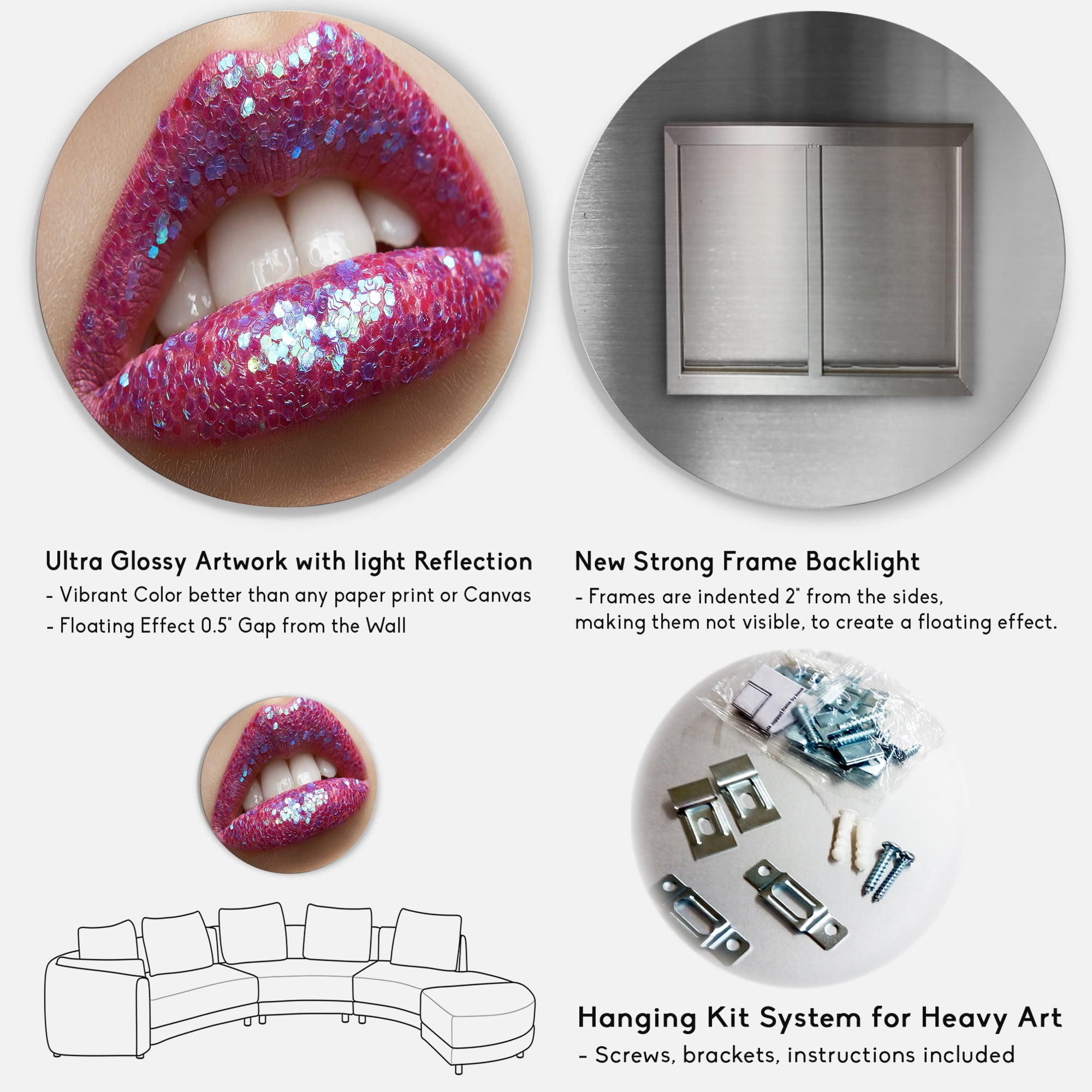 Designart 'Girl Lips Pink Lipstick and Sequins' Modern Circle Metal Wall Art 36x36 - Disc of 36
