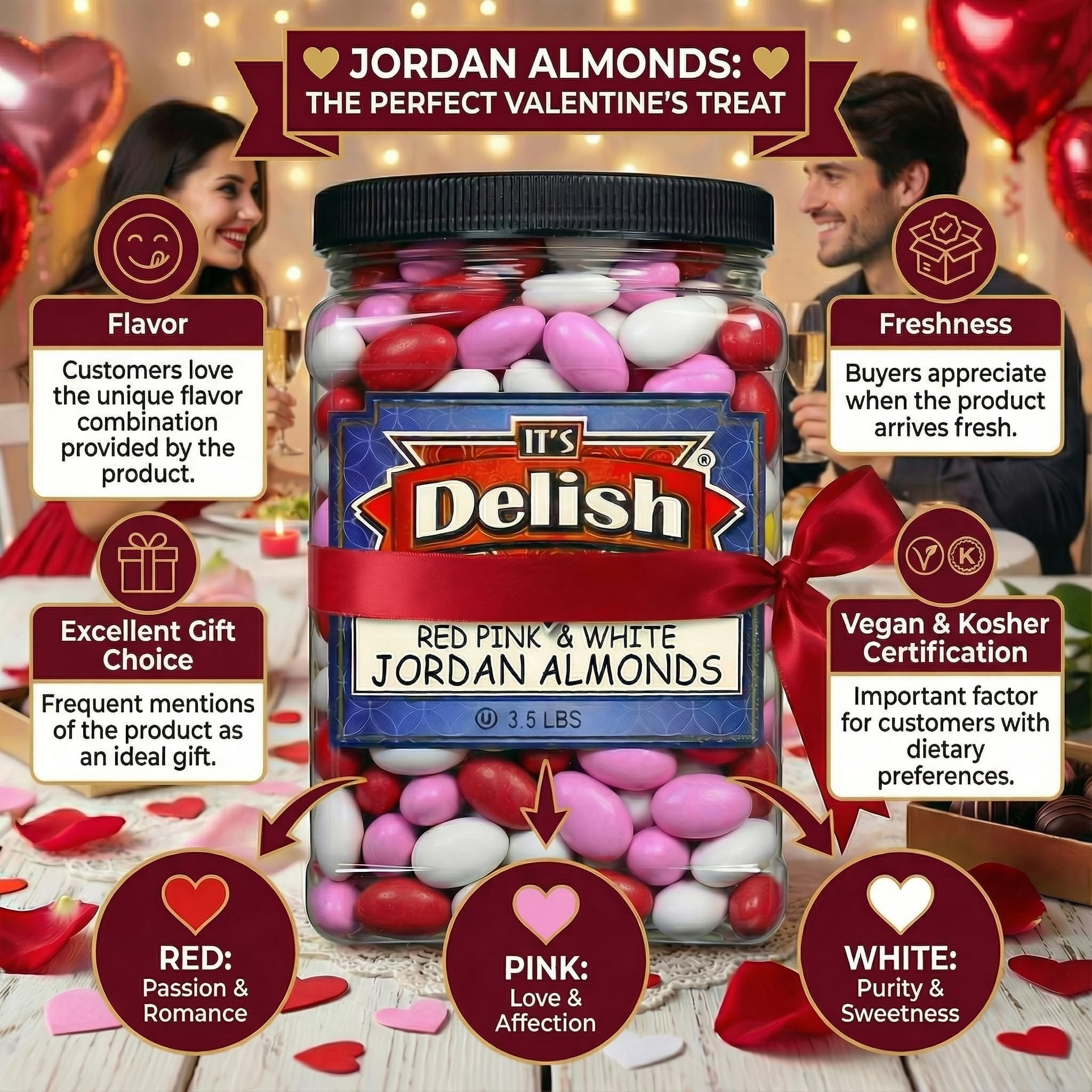 Red Pink & White Jordan Almonds Mix by It's Delish, 3.5 LBS Jumbo Container  Valentines and Mothers Day Girl Theme Bulk Party Favors Almond Nut Coated in Sweet Hard Candy Shell - Vegan & Kosher