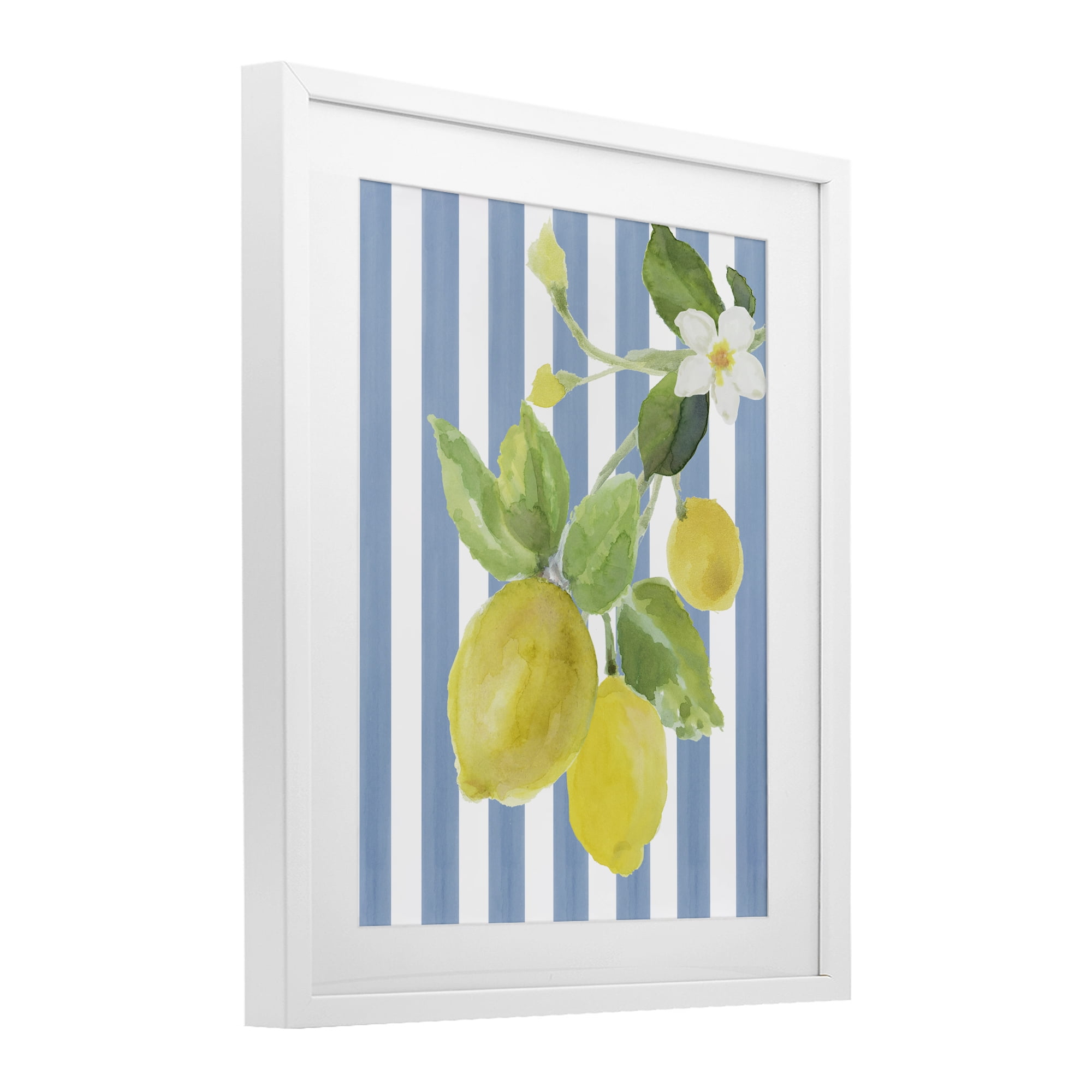Stupell Industries Lemon Blossom on Blue Stripes White Framed Print Under Glass, design by Lanie Loreth