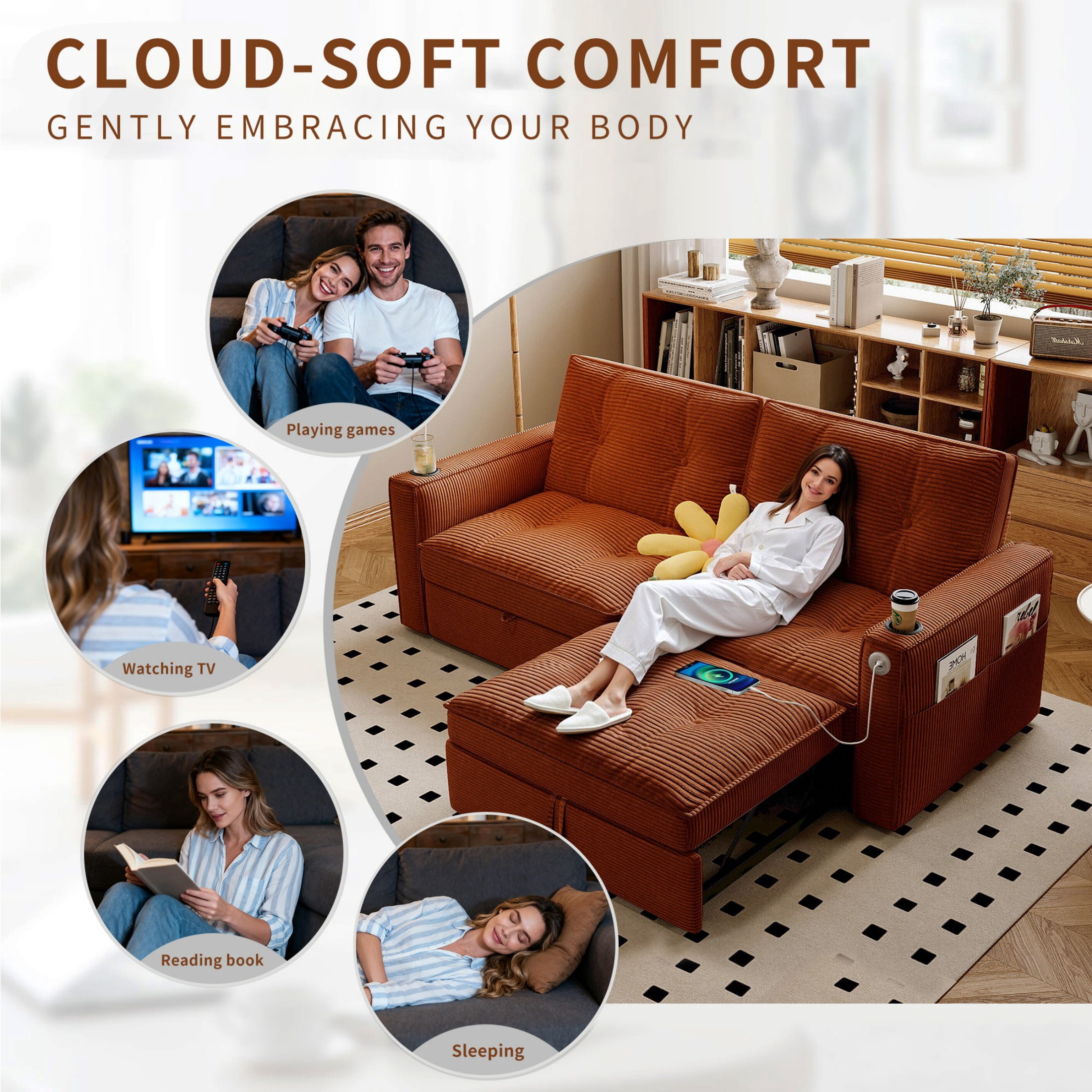 73" Queen Size Sofa Bed, Loveseat Sleeper Sofa with Pull Out Bed, Pockets and Cup Holders, Modern 2 Seater Convertible Small Couch for Living Room Bedroom Apartment,Orange