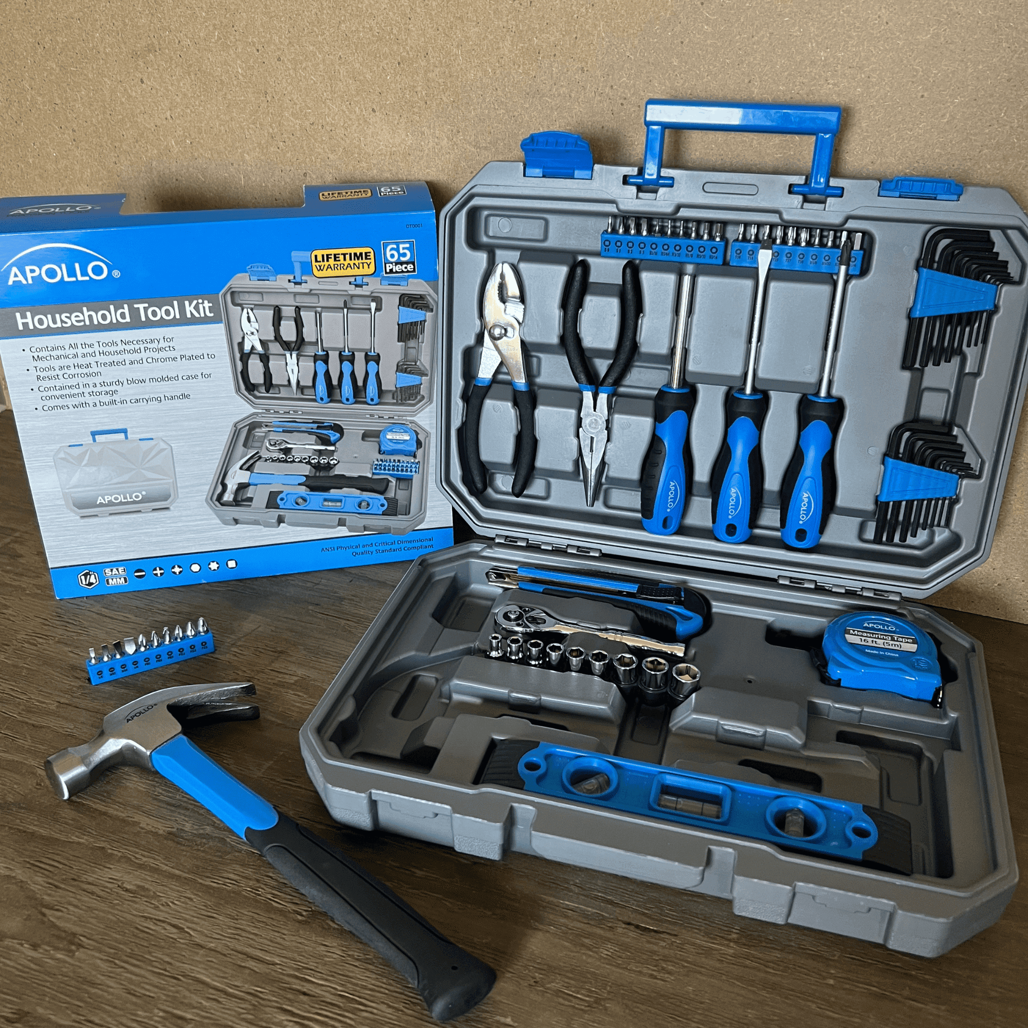 Apollo Tools 65 Piece Compact Household and Mechanical Tool Set Blue and Gray DT0001