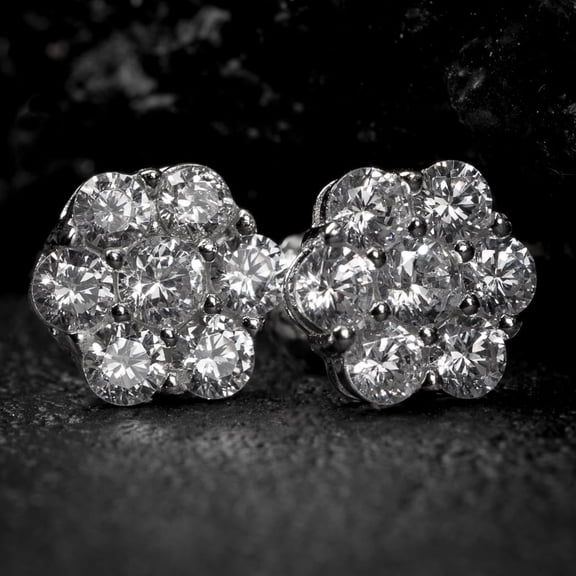 Flower Cluster Brilliant White Gold Plated 925 Sterling Silver Screw Back Post Iced Cz Circle Stud Round Hip Hop Earrings