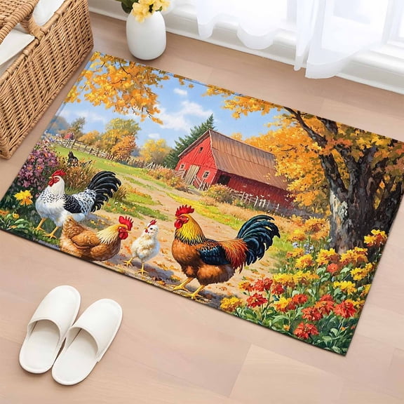 Yellow Retro Rooster Bathroom Rug Washable 2x3 Entryway Rug Non Slip Spring Floral Pastoral Animals Front Door Mat Low Pile Indoor Doormat Throw Floor Carpet for Kitchen Bedroom Entrance