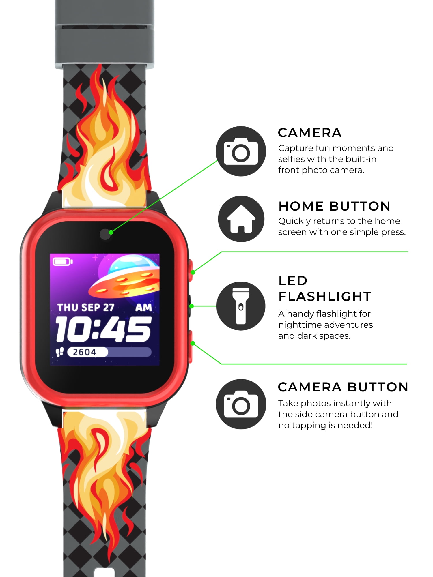iTech Jr. 4 Kids Boys' Smartwatch with Camera, Audiobooks, and Games – Gray Case with Gray-Black Red Flame Strap