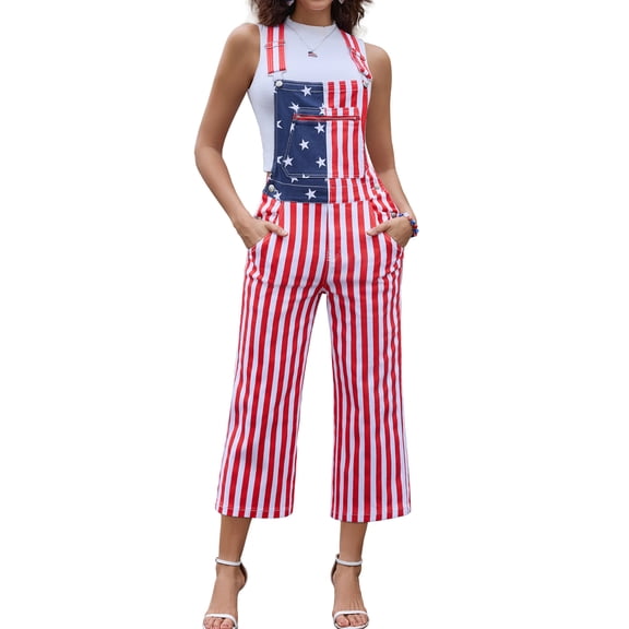 YXLUOKY Overalls for Women Cropped Jumpsuit American Flag Printed Romper Bibs Coveralls(Red White and Blue,M)