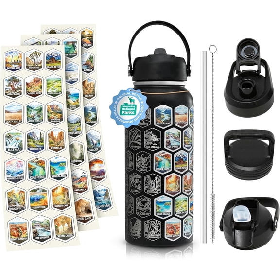 32oz National Parks Water Bottle with 63 Waterproof Stickers, 316 Stainless Steel Vacuum Insulated Bottle, 3 Interchangeable Leakproof Lids, Straw & Cleaning Brush, Wide Mouth Travel Flask