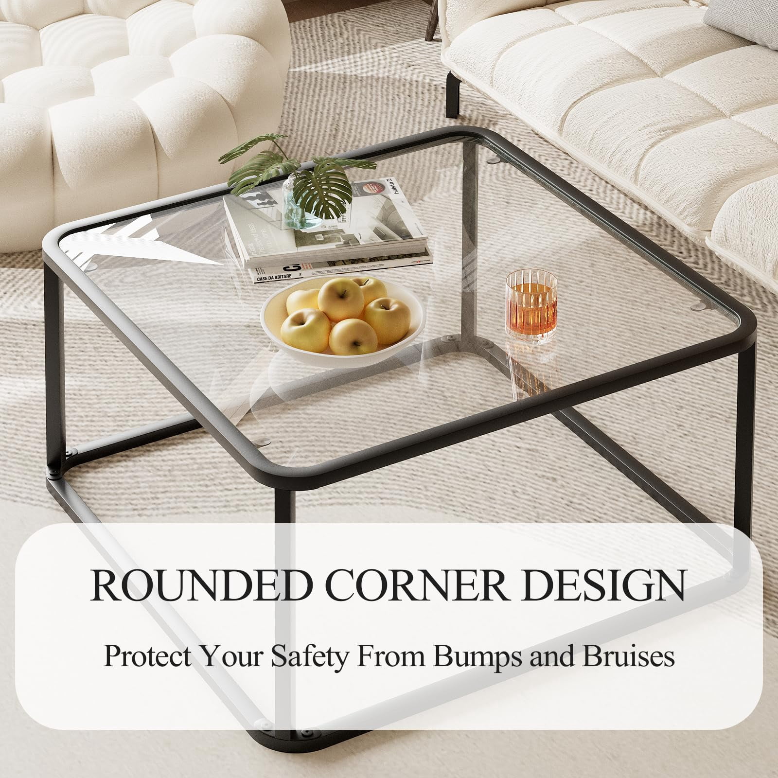 Coffee Table Glass, Minimalist Square Tables for Living Room, Modern Center Table for Office or Small Space, Tempered Glass, Sturdy Metal Frame, Easy Assembly, 26.4 x 26.4 x 15.7 Inches, Black