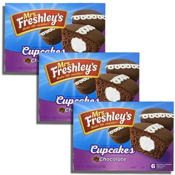 Mrs. Freshley's Chocolate Cream-Filled Iced Cupcakes, 6 Pack | 3 Boxes (18 Cupcakes Total)
