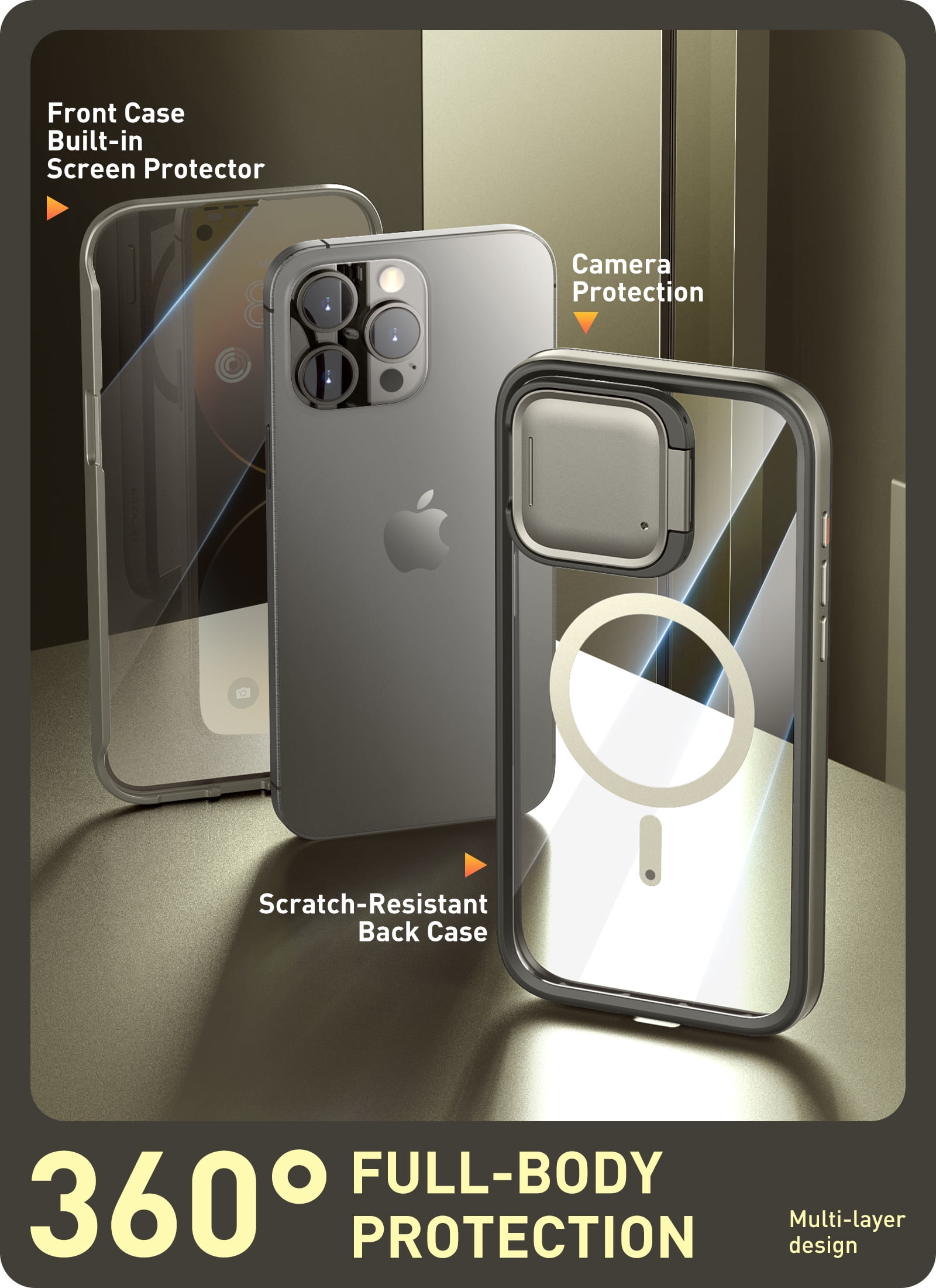 i-Blason Shield Mag for iPhone 15 Pro Max Case 6.7" with Camera Cover Stand, Compatible with MagSafe Clear Full-Body Shockproof Rugged Bumper Protective Case with Built-in Screen Protector (TiGray)