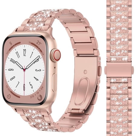 Compatible with Apple Watch Bling Band Women 46mm 45mm 44mm 42mm Series 11 10 9 8 7 6 5 4 3 2 1 SE, Upgraded Sparkle Replacement Bracelet iWatch Band, Diamond Rhinestone Stainless Steel Metal Strap