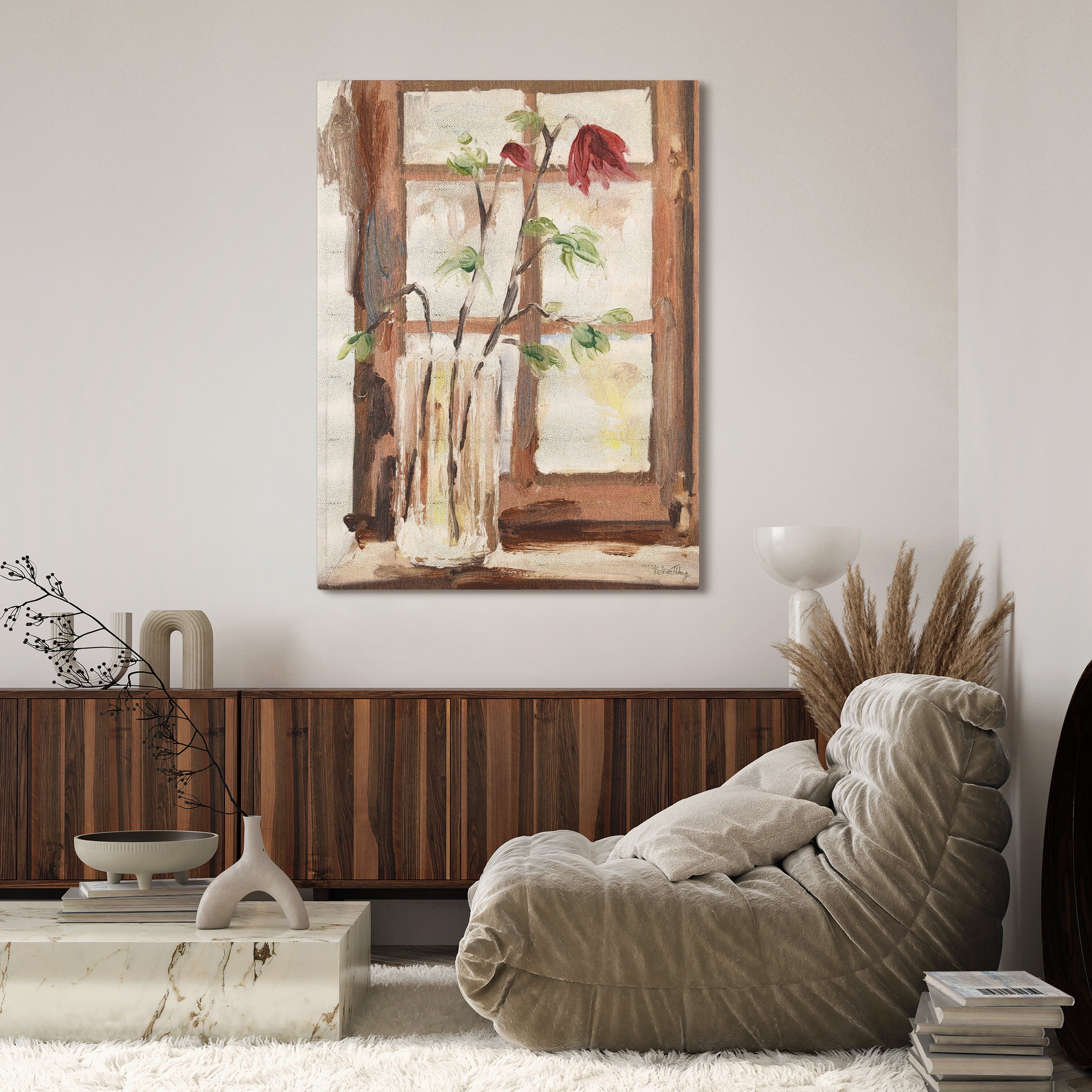"Timeless Serenity I & II" Vase by the Window on Gold Metallic Shagreen Wrapped Canvas Wall Art Set, each sized 48"x36"
