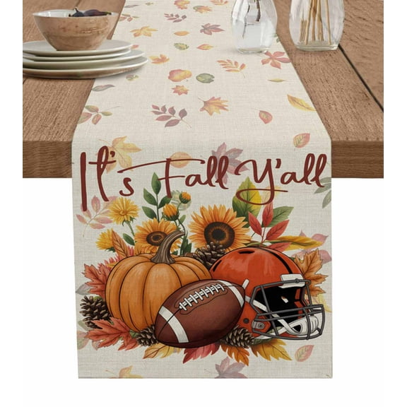 Pumpkin Football Fall Table Runner 72 Inches, Thanksgiving Sunflower Maple Beige Bed Runner Dresser Scarves Tabletop for Indoor Outdoor Parties/Ceremony/Banquet, 13" x 72"