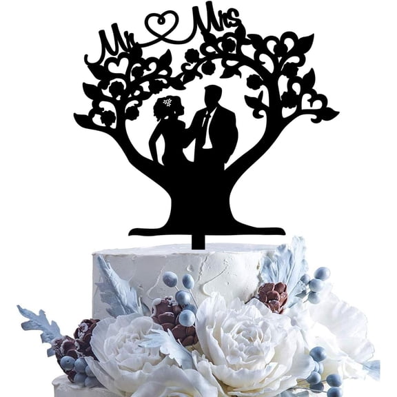 Romantic Mr & Mrs Wedding Cake Topper Bride and Groom Under the Tree Funny Love Cake Topper For Bridal Shower Wdding Engagement Anniversary Party Decorations