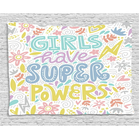 Feminist Tapestry, Boho Feminist Design with Colorful Floral Motif and Phrase Girls Have Super Powers, Wall Hanging for Bedroom Living Room Dorm Decor, 60W X 40L Inches, Multicolor, by