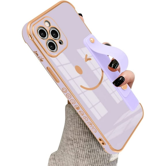 Compatible with iPhone 11 Case for Women Girls,TPU Cute Plating Smiley Face Pattern Wristband Holder Case Camera Lens Protection Side Small Pattern Shockproof Wrist Strap Case-Black