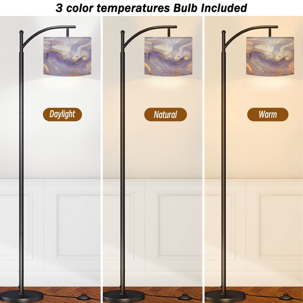 Arc Floor Lamps Abstract lavender liquid marbled watercolor golden lines stains Violet Modern LED Adjustable Lampshade Standing Light for Living Room Reading Bedroom Office