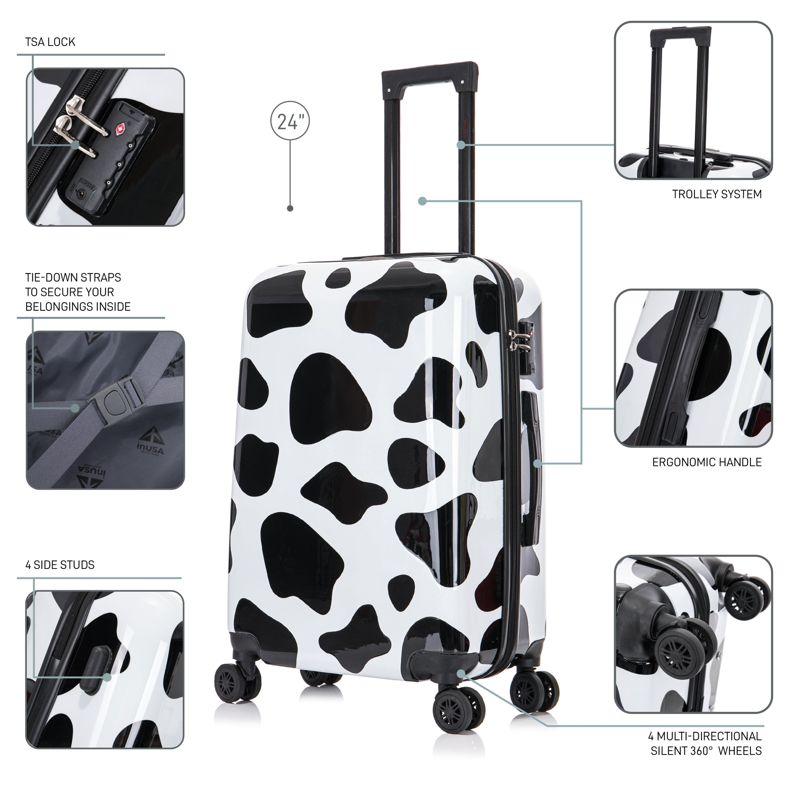 InUSA Print 24" Hardside Lightweight Luggage with Spinner Wheels, Handle and Trolley, Cow