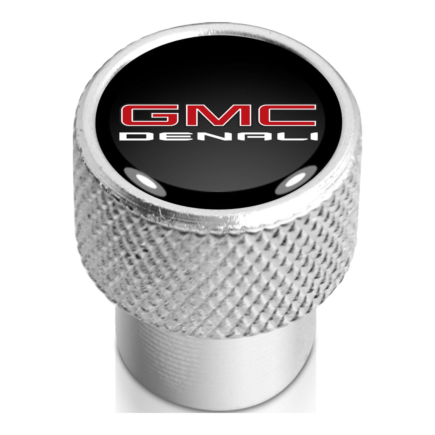 GMC Denali Nameplate in Black on Shining Silver Aluminum Tire Valve Stem Caps