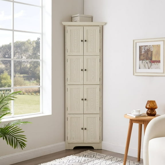 Toauuo 72" 4-Tier Corner Kitchen Pantry Storage Cabinet - 8 Doors, Tall Corner Cabinet with Shelves, Farmhouse Style for Bathroom, Living Room, Kitchen