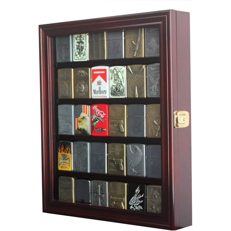 30 Zippo Lighter Display Case Cabinet Holder Wall Rack -Walnut for  displaying in Retail Box