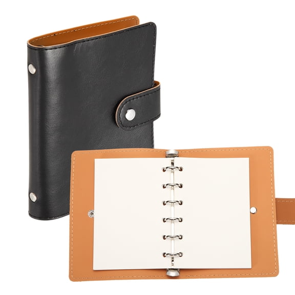 Uxcell 6 Ring Leather Binder Cover, A7 Pocket Travel Notebook Binder with Divider, Black, Mini Refillable Loose Leaf Personal Planner with 60 Sheets Blank Paper for Meeting & Notes
