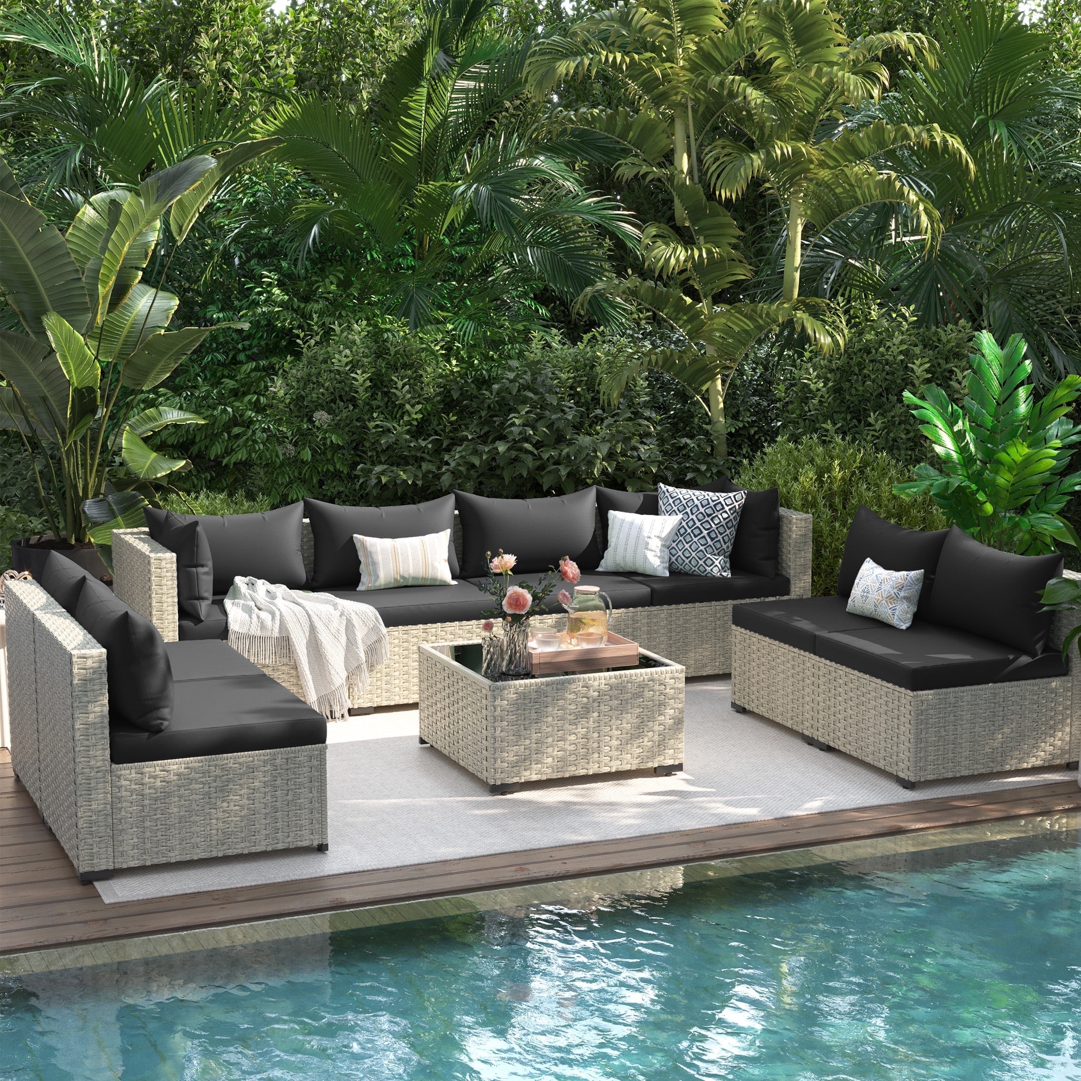 UDPATIO 9 Pieces Outdoor Patio Furniture Set, Outdoor Wicker Patio Conversation Set with Cushions for Backyard, Porch, Garden(Black)