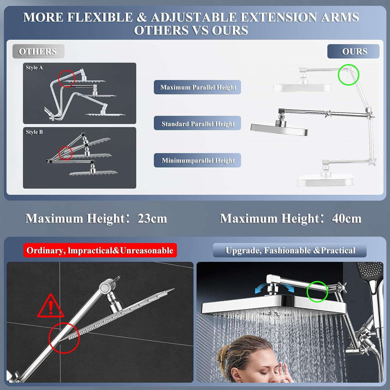 Shower Head with Handheld, Dual Shower Head with Extention Arm, High Pressure Rain Shower Heads, Rainfall Waterfall Showerhead with 3-Way Diverter - Height/Angle Adjustable