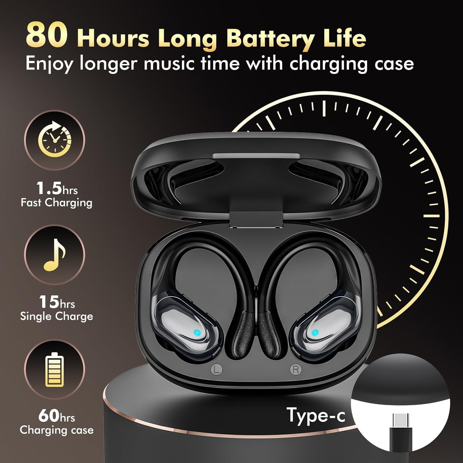 Wireless Earbuds Bluetooth Headphones 80H Playback Ear Buds Power Display with Noise Canceling Mic with Earhooks for Sports/Workout - Black
