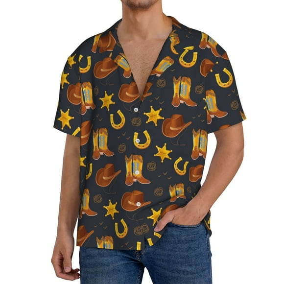 Saiise Wild West Golden Horseshoe Print Men's Casual Plaid Button-Down Shirt, Short Sleeve Dress Shirt with Pocket, Ideal for Work or Everyday Wear-X-Large