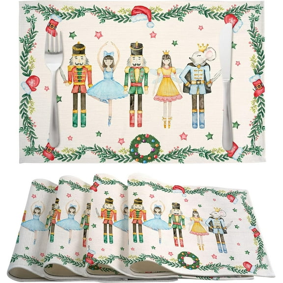 Christmas Placemats Set of 4, 12×18 Inch Xmas Linen Fabric Table Mats for Party Kitchen Dining Decoration