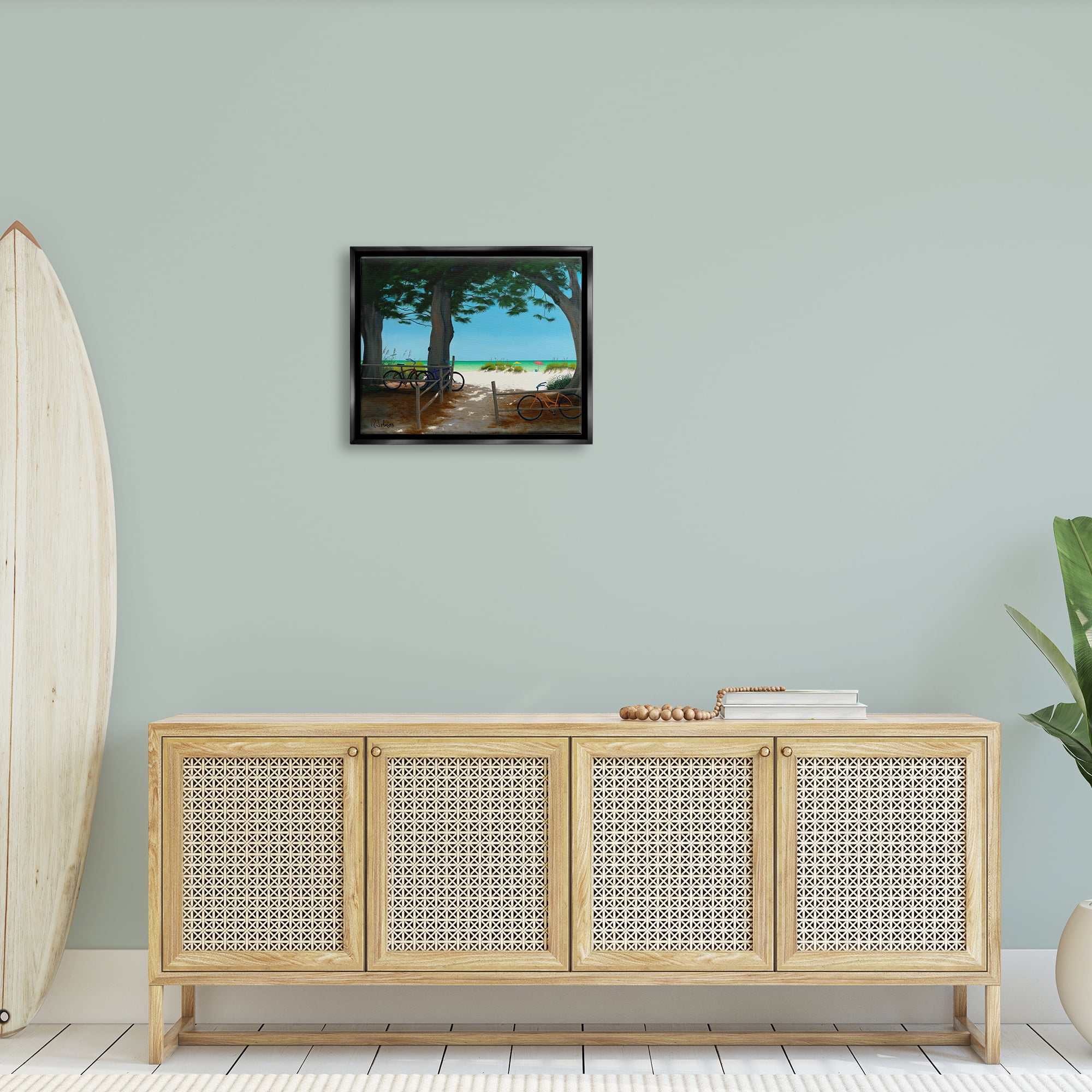 Stupell Industries Bicycles at Beach Park Distant Summer Ocean Scenery Painting Jet Black Floating Framed Canvas Print Wall Art, Design by Robert Johnson