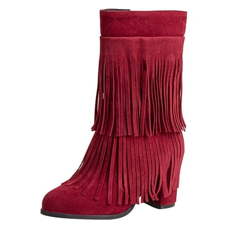 

hopeusnice Women s Fringe The Cowboy Boots Pointed Toe Low Chunky Heel Ankle Boot Fashion Pull-On Mid Calf Booties Red 37