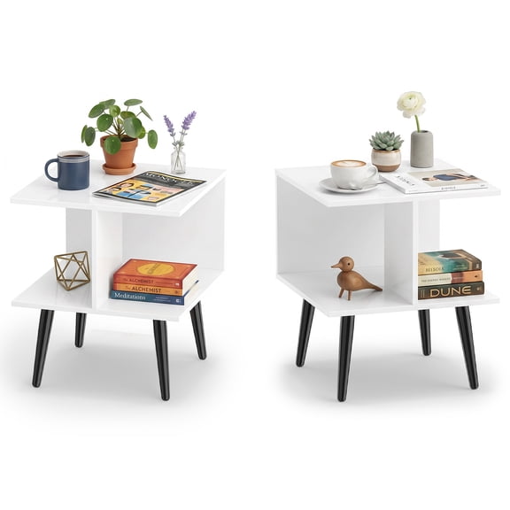 Costway 2 PCS End Table, 2-Tier Modern Bedside Table with 2 Compartments & Raised Metal Legs