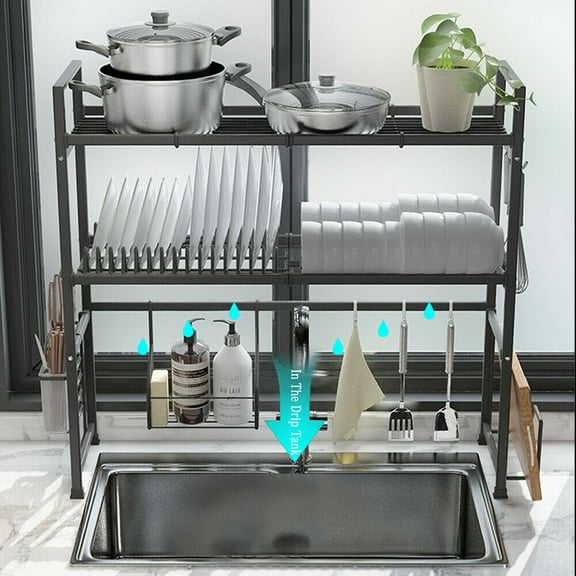 Dish Drying Rack, Adjustable Length, 2-Tier Large Stainless Steel, Over The Sink Dish Drying Rack for Kitchen Organizer Storage, Space Saver Shelf with Utility Hook