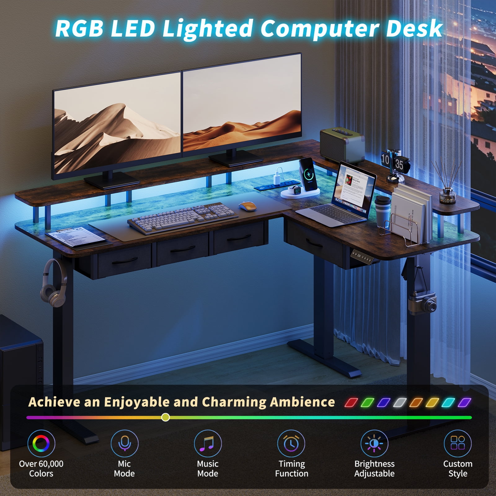 59-inch height-adjustable office desk, L-shaped electric standing desk, equipped with 4 storage drawers, featuring RGB lighting and power socket, corner computer desk, equipped with monitor stand