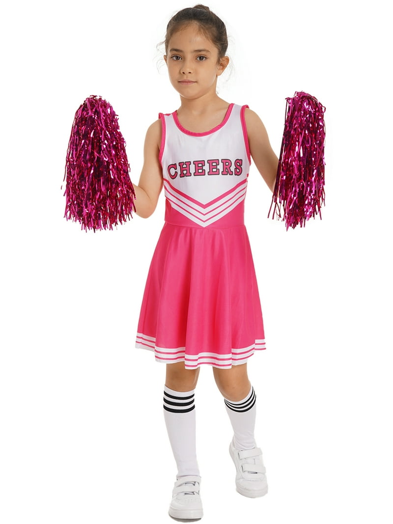 JanJean Girls Cheerleading Dress Costume With Shorts - Glitter Sleeveless Dress, Pom Poms, Dance Outfit For Cheer, Performances