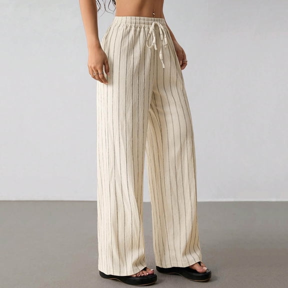 Ayolanni Summer Pants for Women Boho Slacks Striped Wide Leg Pants Drawstring High Waist Flowy Beige Petite Palazzo Pants with Pockets L