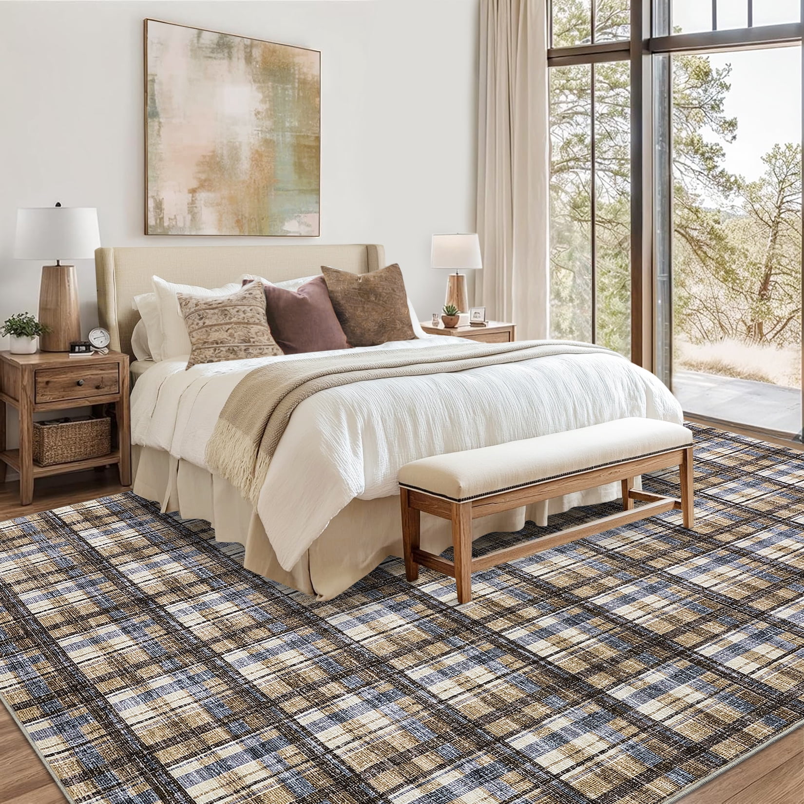 Garvee 10x13 Geometric Striped Area Rug Living Room Rug, Machine Washable Plaid Rugs With Non-Slip Backing Low Pile Stain Resistant Indoor Carpet for Bedroom Dining Room Home Office, Camel
