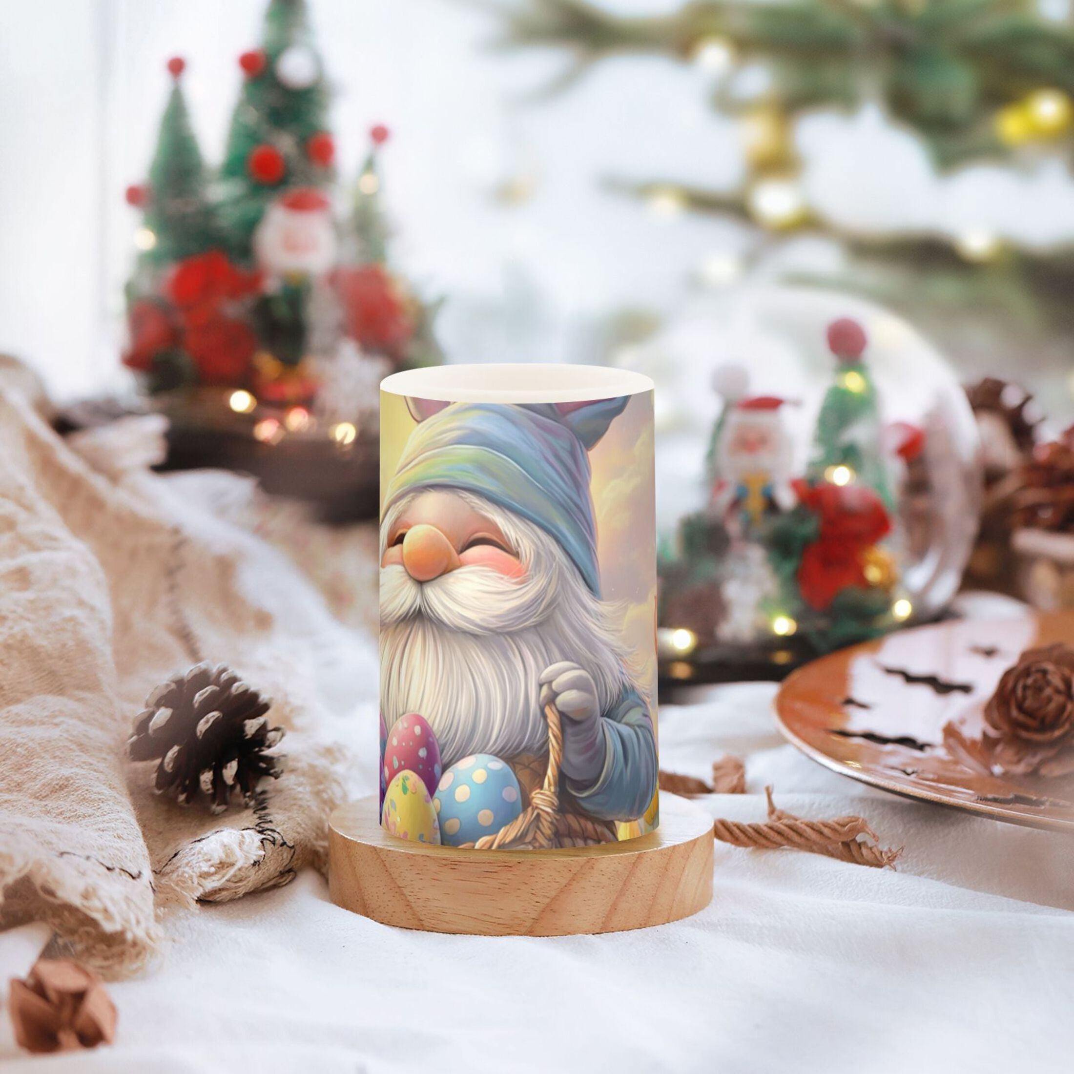 Gnome with Rabbit Ears Easter Eggs Florals Flickering Flameless Candles LED Tealight Battery Operated with Remote Set of 2 Holiday Decor Ornaments