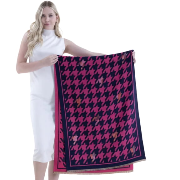Luxurious Navy Fuchsia Houndstooth Scarf with Jacquard Detail and Solid Border