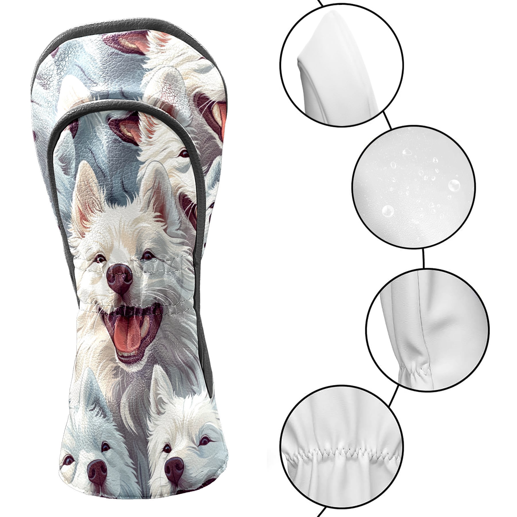 Golf Club Covers PU Leather Waterproof Head Covers for Fairway Woods Hybrids Cute Samoyed