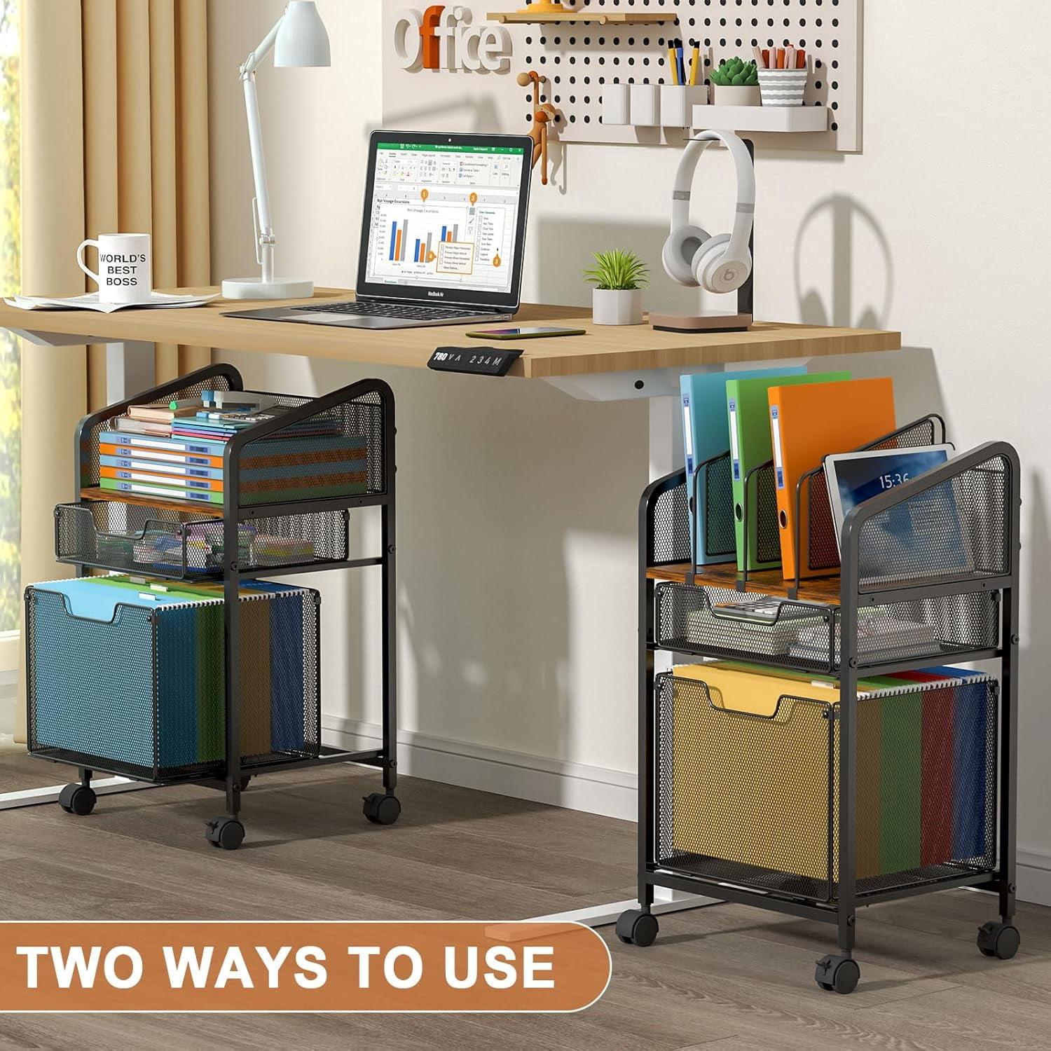 Rolling File Cabinet with Adjustable Dividers, Mobile Filing Cabinet with Storage Drawer on Lockable Wheels, Hanging File Organizer Beside Under Desk for Office, Home