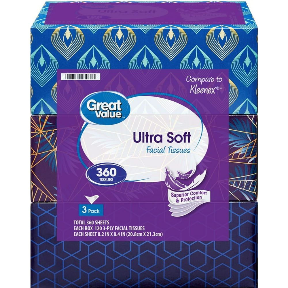 Great Value Ultra Soft Facial Tissues, 3 Flat Boxes (360 Total Tissues