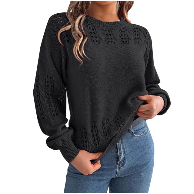 cfhntfmh Chandails de Mode d'Automne pour Femmes Tendance Col Rond Décontracté Manches Longues Crochet Ajouré Chandail à Enfiler Hauts Vintage Chandail Tricoté