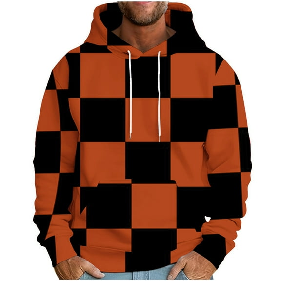 ZCFZJW Mens Casual Drawstring Hooded Sweatshirts Fashion Plaid Print Long Sleeve Warm Pullover Tops Trendy Oversized Baggy Hoodie Outwear Coat with Pocket Orange XXXL
