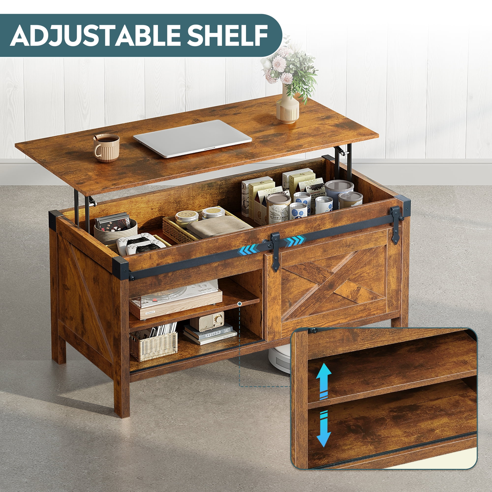 GALAXHERO 39.4" Farmhouse Large Coffee Table Lift Top Coffee Table with Hidden Storage Compartment Sliding Barn Doors Modern Wood Center Table for Living Room Rustic Brown