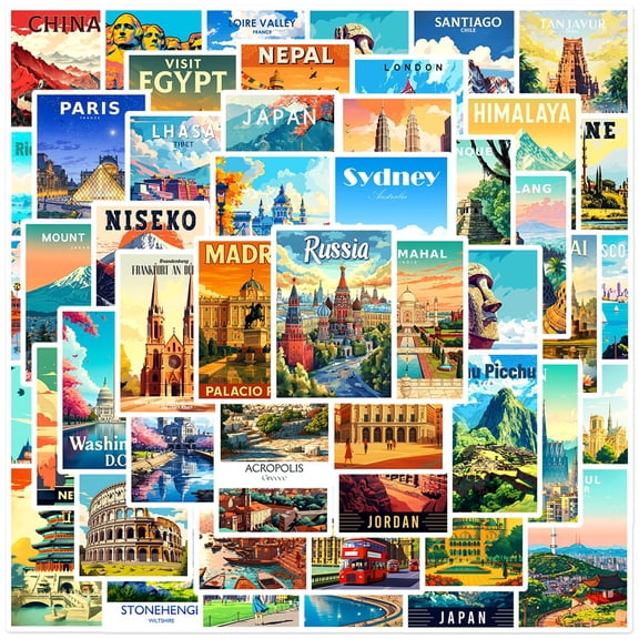 Vintage Travel with Waterproof Vinyl Design, 50-Pack, World Landmark Illustrations, for Luggage and Water Bottle Decoration