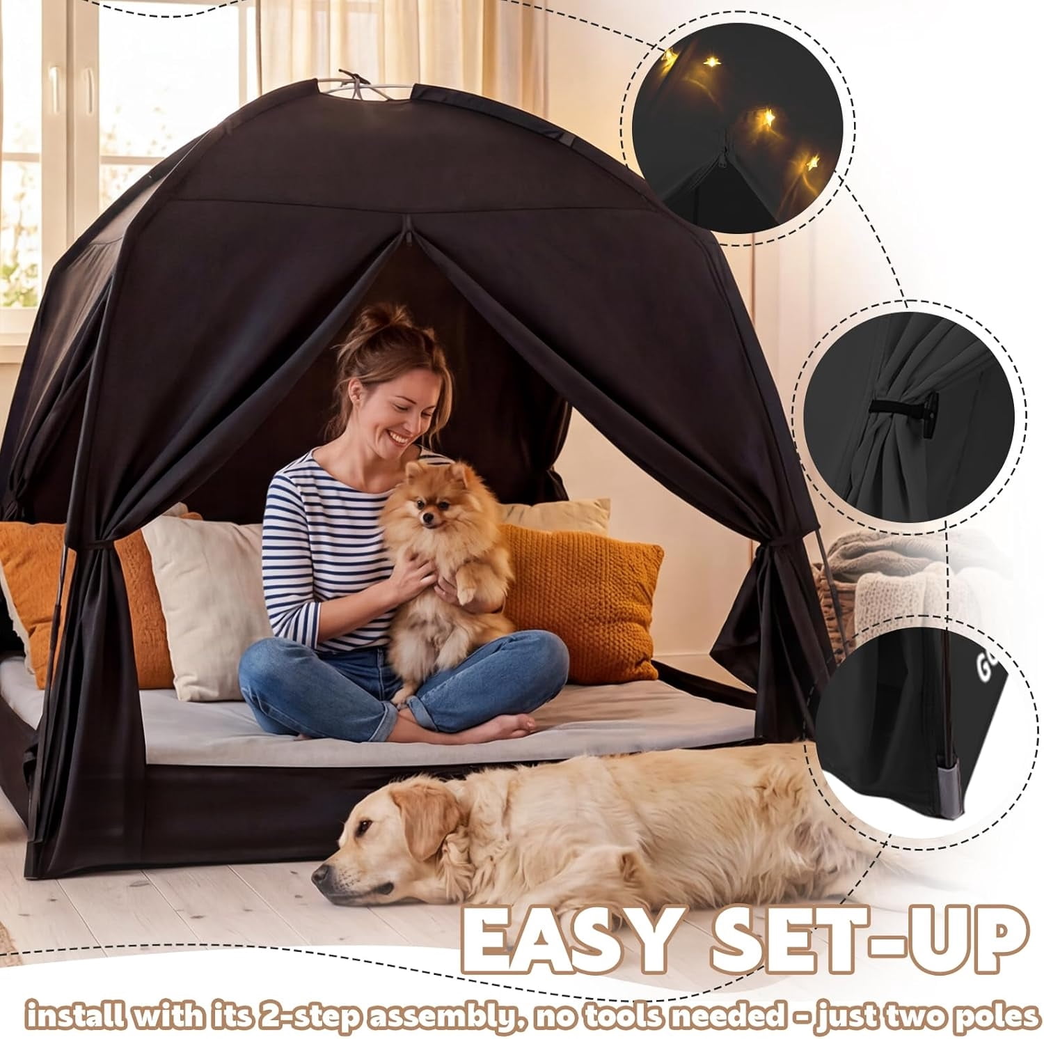 Bed Tents for Kids and Adult, Portable 100% Breathable and 93% Blackout Toddler Dream Play Tent, 3 Doors Big Privacy Space Sleeping Canopy for Floor or Twin Full Queen Sizes Bed